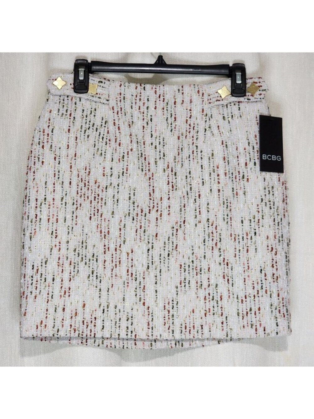 BCBG Women's Mini Pencil Skirt Tweed Back Zip Lined Beige Multicolor Size 0 NWT